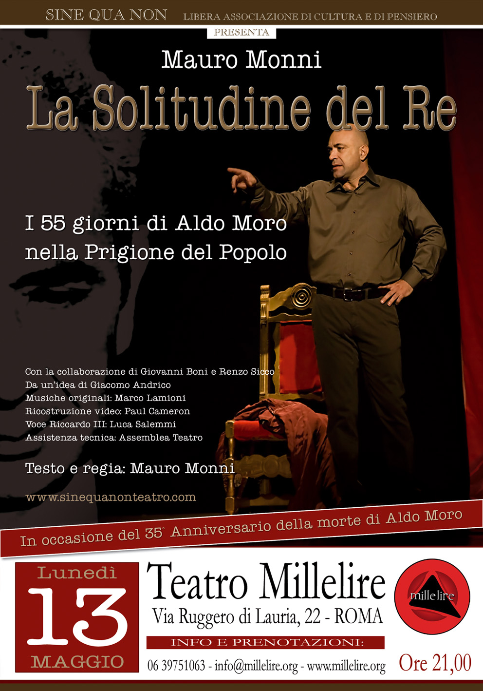 Al teatro Millelire di Roma unica data 13 maggio per "La solitudine del re", i 55 giorni di prigionia di Aldo Moro